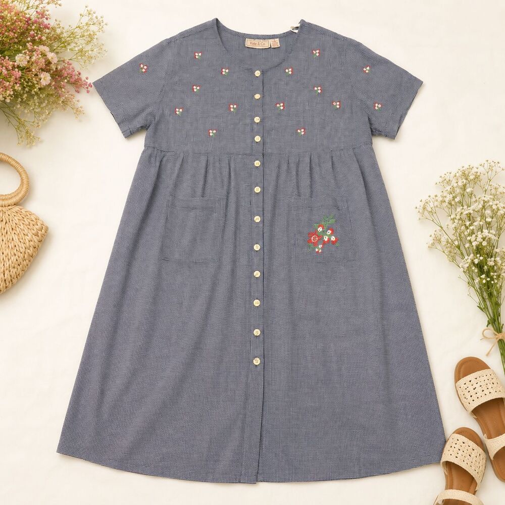 Kate & Co 3X Blue Gingham Embroidered Floral Button Front Cotton Dress